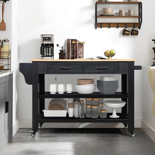 WarmieHomy Solid Wood Natural Top Black Rolling Kitchen Cart Wine and Spice Rack, 2-Drawers