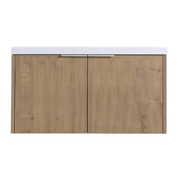 Adrinfly 35.43 in. W x 18.13 in. D x 19.31 in. H Float Mounting Bath Vanity in Imitative Oak With White Sink 2 Soft Close Doors