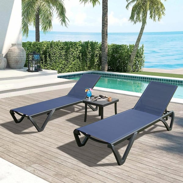 AUTMOON Pool Lounge Chairs Set of 3, Aluminum Patio Chaise Lounge with Side Table, Wheels, 5 Position Adjustable, Navy Blue