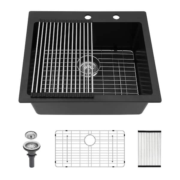 Unbranded 25 in. Drop-in Single Bowl Black Quartz Kitchen Sink with Bottom Grids