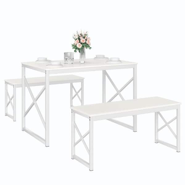 VECELO 3-Piece Dining Table Set for 4,43.3 in. Kitchen Table with 2 Benches, Industrial Wood and Metal Dinette, White MDF Top