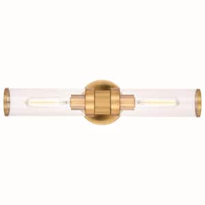 Levitt 19.25 in. W 2-Light Satin Brass Mid-Century Modern Industrial Bathroom Vanity Light Fixture Clear Glass