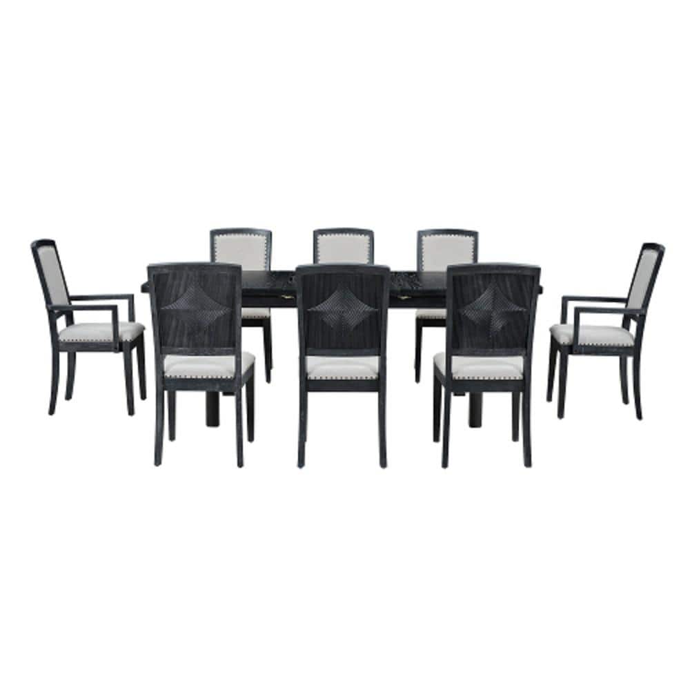Black 9-Piece Wood 84 in. Table 6 Upholstered Armless Chairs 2 Padded Arm C