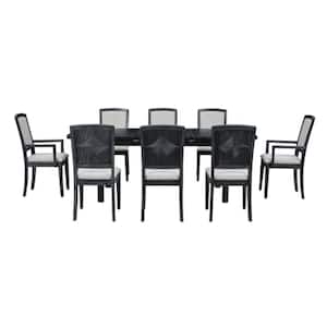 Black 9-Piece Wood 84 in. Table 6 Upholstered Armless Chairs 2 Padded Arm Chairs Outdoor Dining Set with Gray Cushion