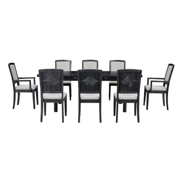 Unbranded Black 9-Piece Wood 84 in. Table 6 Upholstered Armless Chairs 2 Padded Arm Chairs Outdoor Dining Set with Gray Cushion