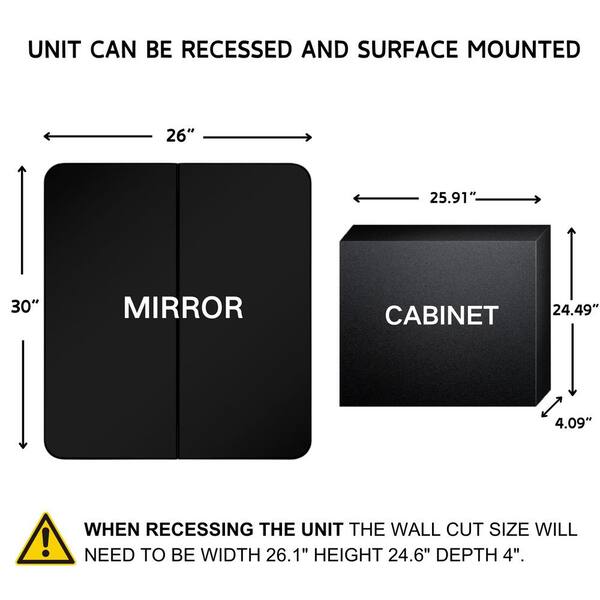 TEHOME 26-in x 30-in Surface/Recessed Mount Matt Black Mirrored Medicine Cabinet