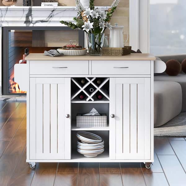 Amucolo White Kitchen Island Cart with 2-Storage Cabinets and 4-Locking Wheels, Drawers, Rack Towel Rack Spice Rack
