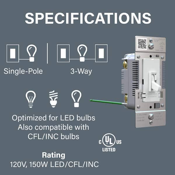 Legrand Toggle Slide 150W Advanced LED Dimmer, Single-Pole/3-Way