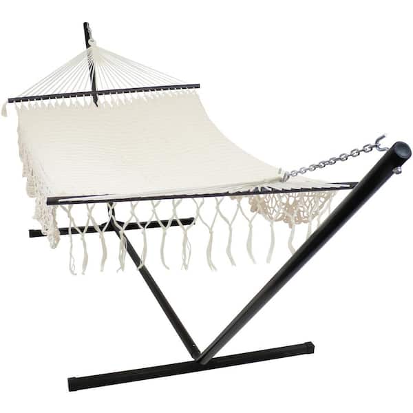 Sunnydaze 12 ft. Free Standing Handwoven Cotton 2-Person American Mayan Hammock Bed with Stand