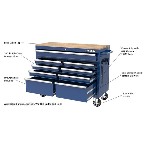 46 in. W 9-Drawer, Deep Tool Chest Mobile Workbench in Gloss Blue with Hardwood Top 46 in. W 9-Drawer, Deep Tool Chest Mobile Workbench in Gloss Blue with Hardwood Top