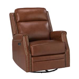 Leonhard Brown Transitional Electric Genuine Leather Rocking Recliner Nursery Chair with Nailhead Trims