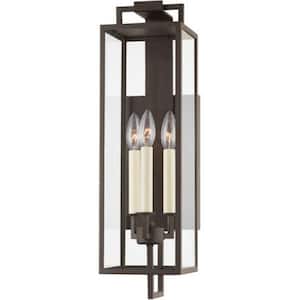 Beckham 7.25 in. 3-Light Textured Bronze Outdoor Lantern Wall Sconce with Clear Glass Shade