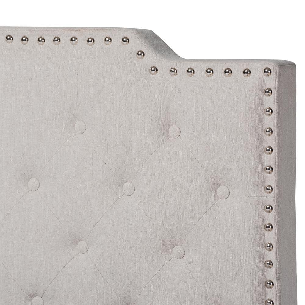 Elegant Beige Linen King Bed with Tufted Headboard and Nailhead Trim