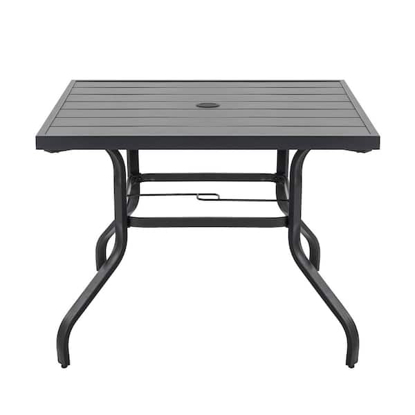 Black Square Metal Outdoor Patio Dining Table with Umbrella Hole