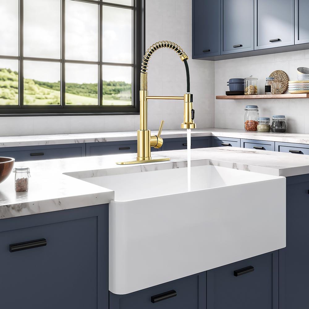 Brushed Gold Stainless Steel Pull Down Kitchen Faucet with Deck Plate
