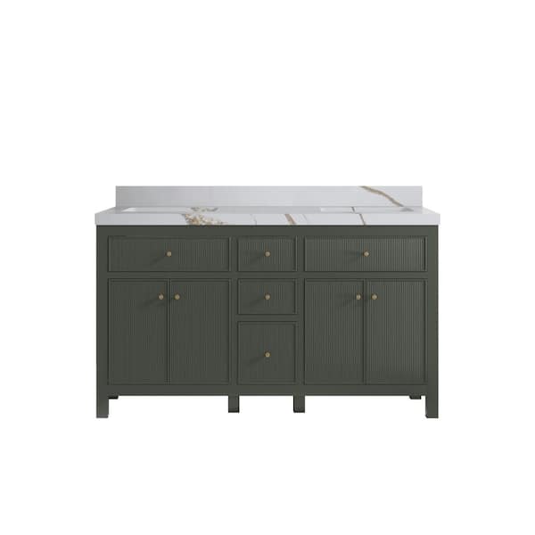 Willow Collections Sonoma 60 in. W x 22 in. D x 36 in. H Double Sink Bath Vanity in Pewter Green with 2" Calacatta Gold Quartz Top