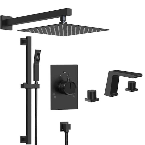 GRANDJOY ClassicRain 2-Spray 10in. Dual Wall Mount Fixed and Handheld Shower Head 2.5GPM with Basin Faucet in Matte Black