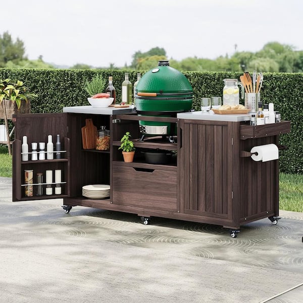Farmhouse Brown Stainless Steel 78.26 in. Outdoor Kitchen Cart Island with Trash Can Storage and Foldable Grill Table