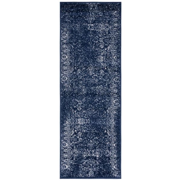 Adirondack Navy/Ivory 3 ft. x 10 ft. Border Distressed Runner Rug