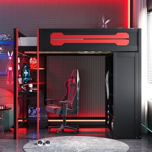 Red Full Wood LED Loft Bed with Desk
