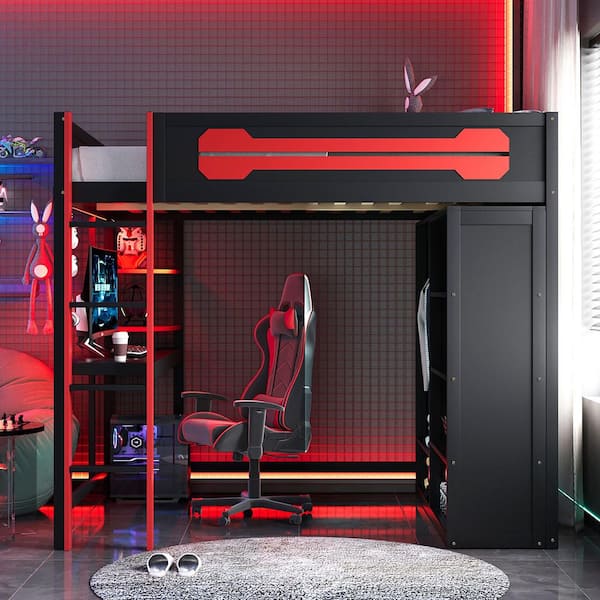 Red Full Wood Loft Bed with Desk