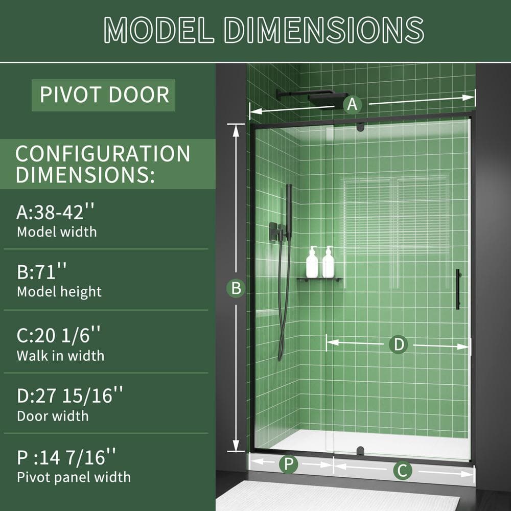 42-inch Black Semi-Frameless Pivot Shower Door with Clear Glass