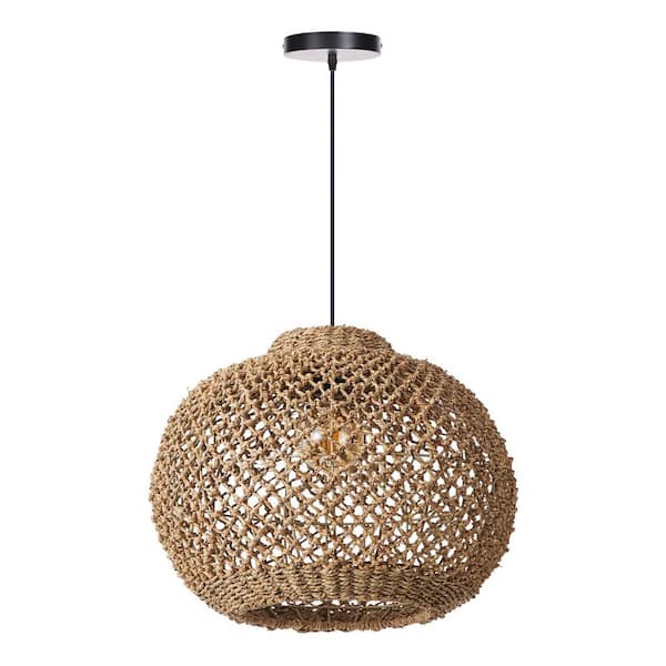 60-Watt 1 Light Brown Textured Rattan Boho Pendant Light with Spherical Shade, No Bulbs Included, 17 in.