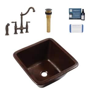 Pollock Copper 15 in. Single Bowl Undermount Kitchen Sink with Courant Bridge Faucet (Bronze) Kit