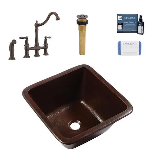 SINKOLOGY Pollock Copper 15 in. Single Bowl Undermount Kitchen Sink with Courant Bridge Faucet (Bronze) Kit