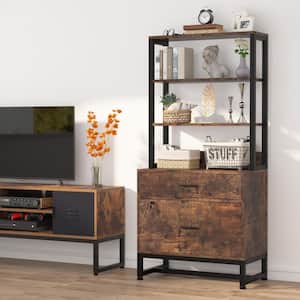 Cindy Retro Brown and Black Vertical File Cabinet with Shelves, Stander Drawer and File Drawer