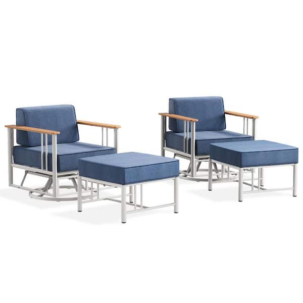 Minimalism 4-Piece White Patio Metal Outdoor Conversation Set with Swivel Rocking Chair and Blue Cushions