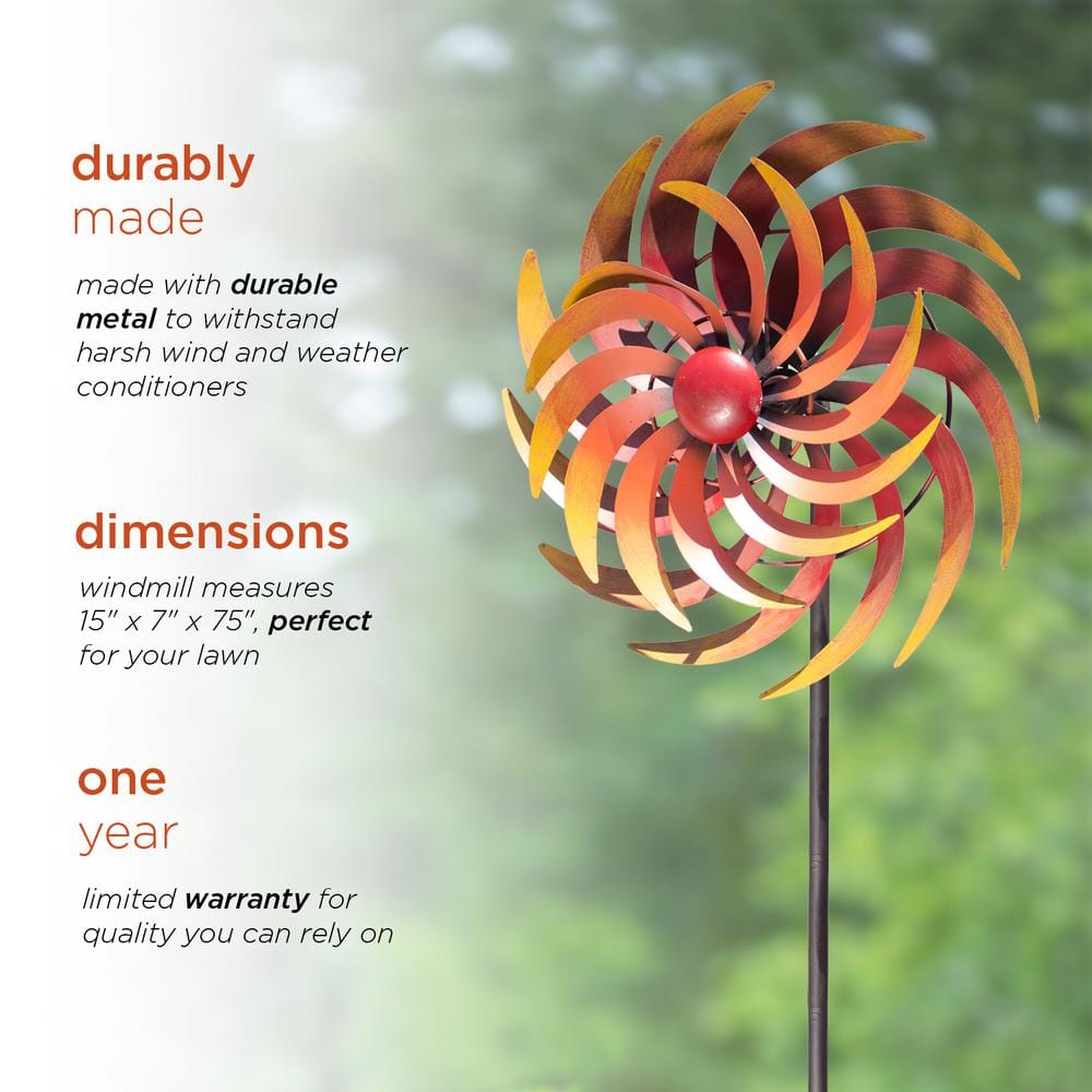 75" Tall Red and Orange Metal Kinetic Wind Spinner Stake