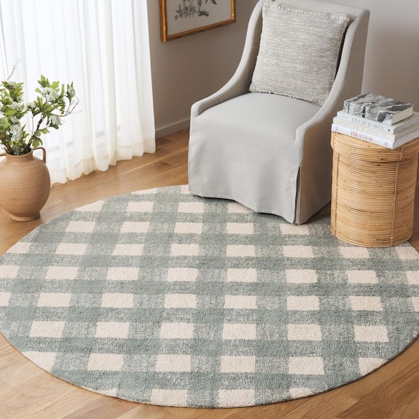 Easy Care Ivory/Teal 6 ft. x 6 ft. Solid Lattice Grid Round Area Rug