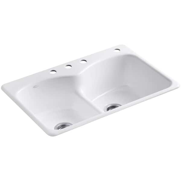 KOHLER Langlade Smart Divide Drop-In Cast Iron 33 in. 4-Hole Double Bowl Kitchen Sink in White