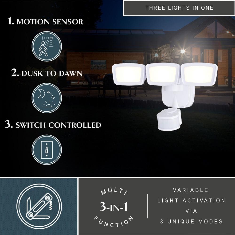 White Triple-Head LED Motion Sensor Outdoor Security Flood Light