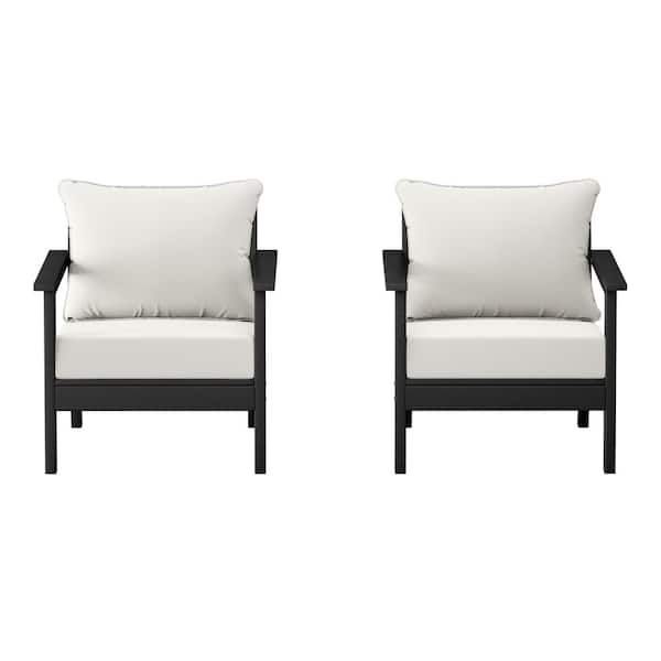 Birchwood Black Outdoor Patio (Set of 2) Deep Seating HDPE Lounge Chairs w/ White Cushions