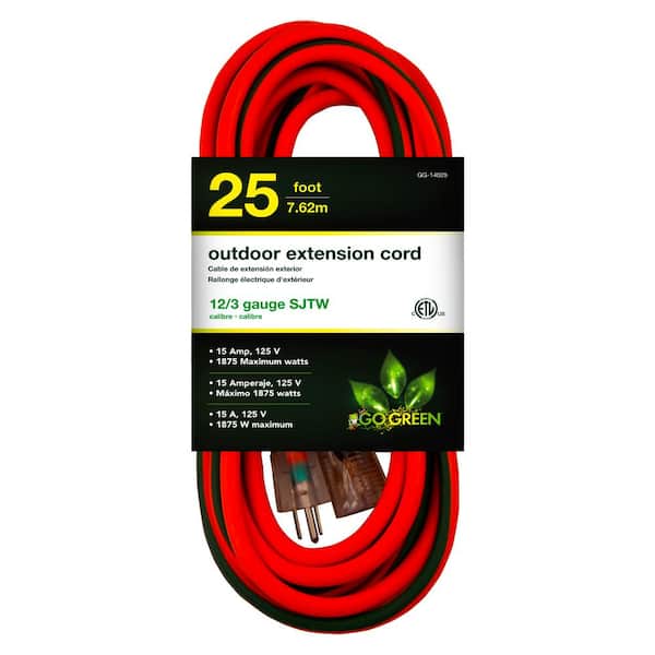 GoGreen Power 25 ft. 12/3 SJTW Extension Cord - Orange with Lighted Green End