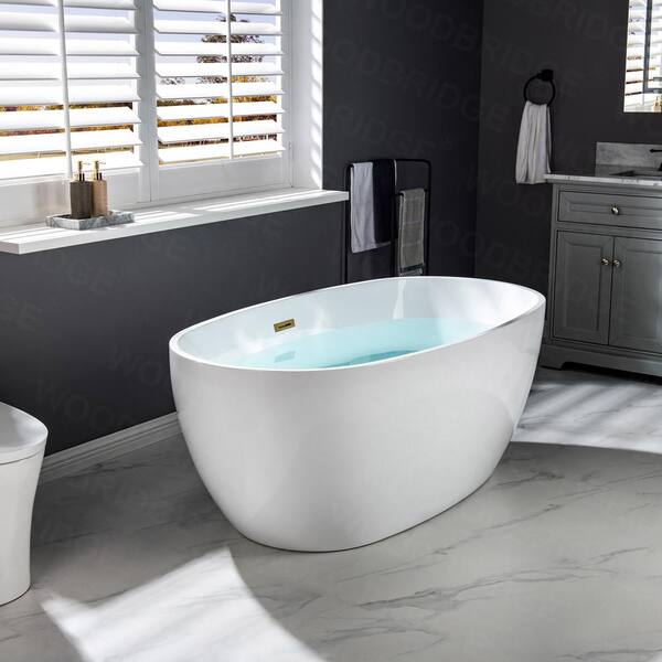 Reims 59 in. Acrylic FlatBottom Double Ended Bathtub with Brushed Gold Overflow and Drain Included in White