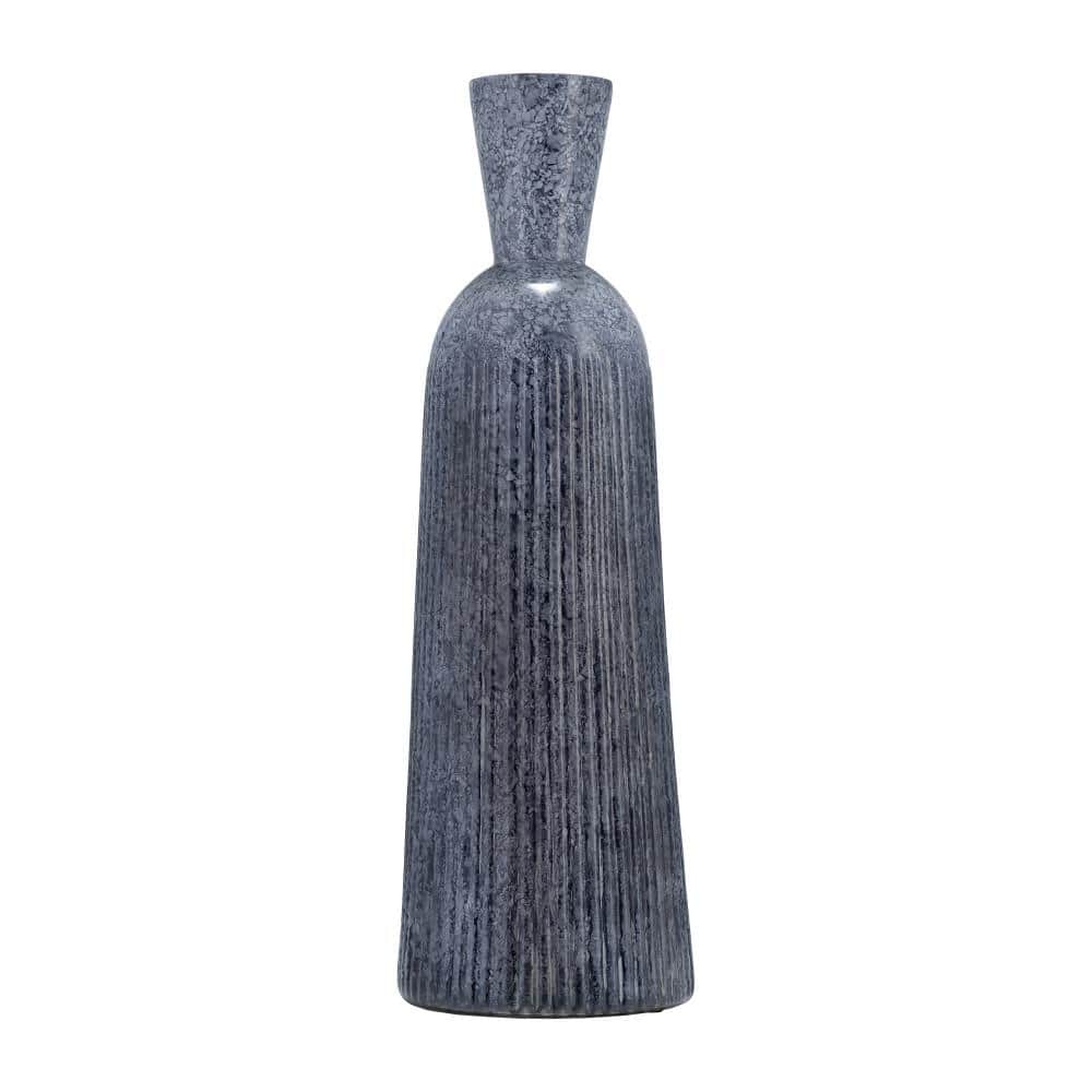Tall Blue Grooved Glass Vase for Floral Arrangements