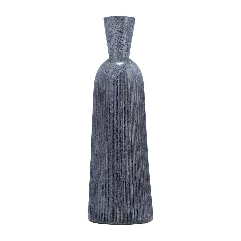 Tall Blue Grooved Glass Vase for Floral Arrangements