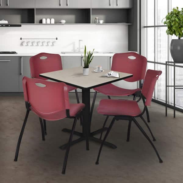 Cain 42 in. Maple Square X-Base Breakroom Table Desk and 4 M Stack Chairs-Burgundy