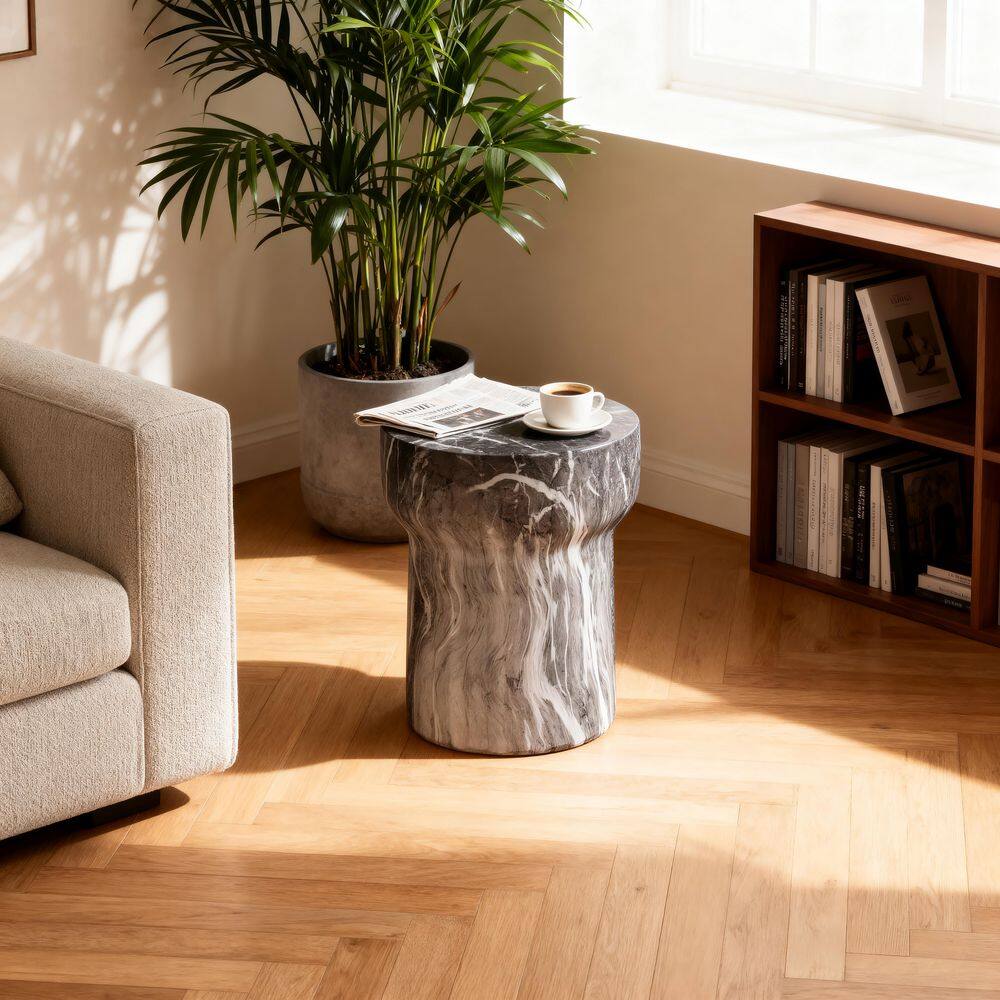 Modern Marble 15.55 in Round Magnesium Oxide End Table with Cylindrical Design - thumbnail 7