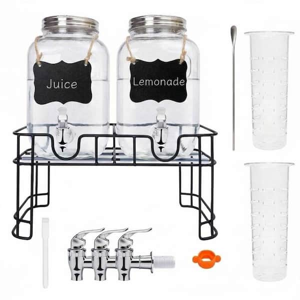 2-Pack 1 Gallon Glass Drink Dispensers with Stand, Spigot, Fruit Infuser and Mixing Spoon for Parties