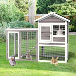 2-Story Wooden Rabbit Hutch Bunny Cage Small Animal House Shelter House in Gray with Ramp and Removable Tray