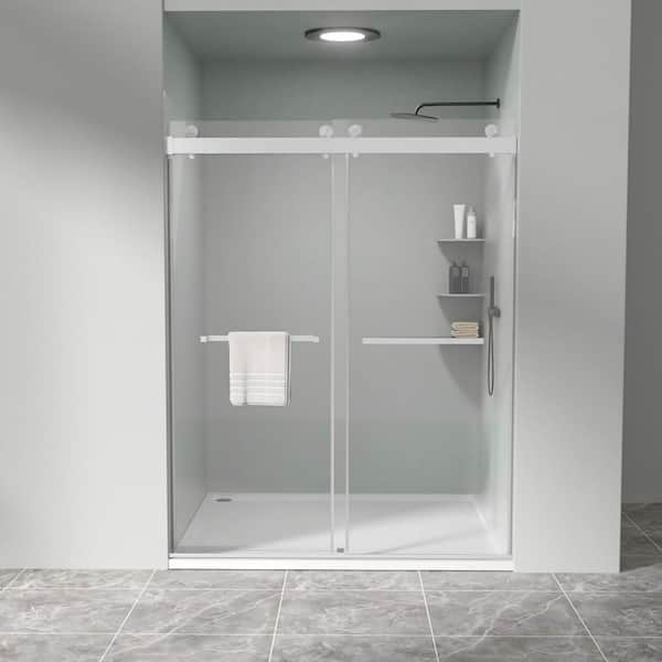 Frameless Double Sliding Shower Door, 56-60 in. W x 76 in. H, with Durability Tempered Glass, Brushed Nickel
