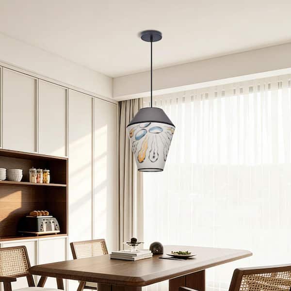 1 Light Off-White Hand-Painted Floral Fabric Pendant Light with Lantern Shape, No Bulbs Included 20 in.