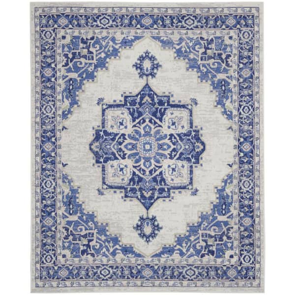 7 ft. x 10 ft. White and Blue Floral Medallion Distressed Non Skid Area Rug