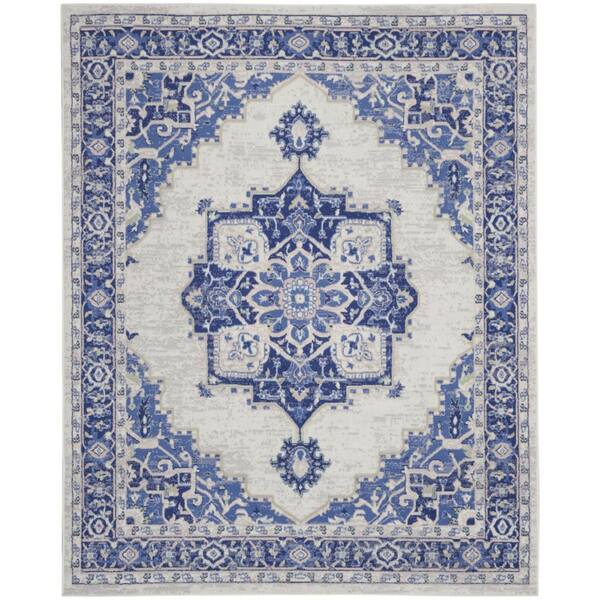 7 ft. x 10 ft. White and Blue Floral Medallion Distressed Non Skid Area Rug