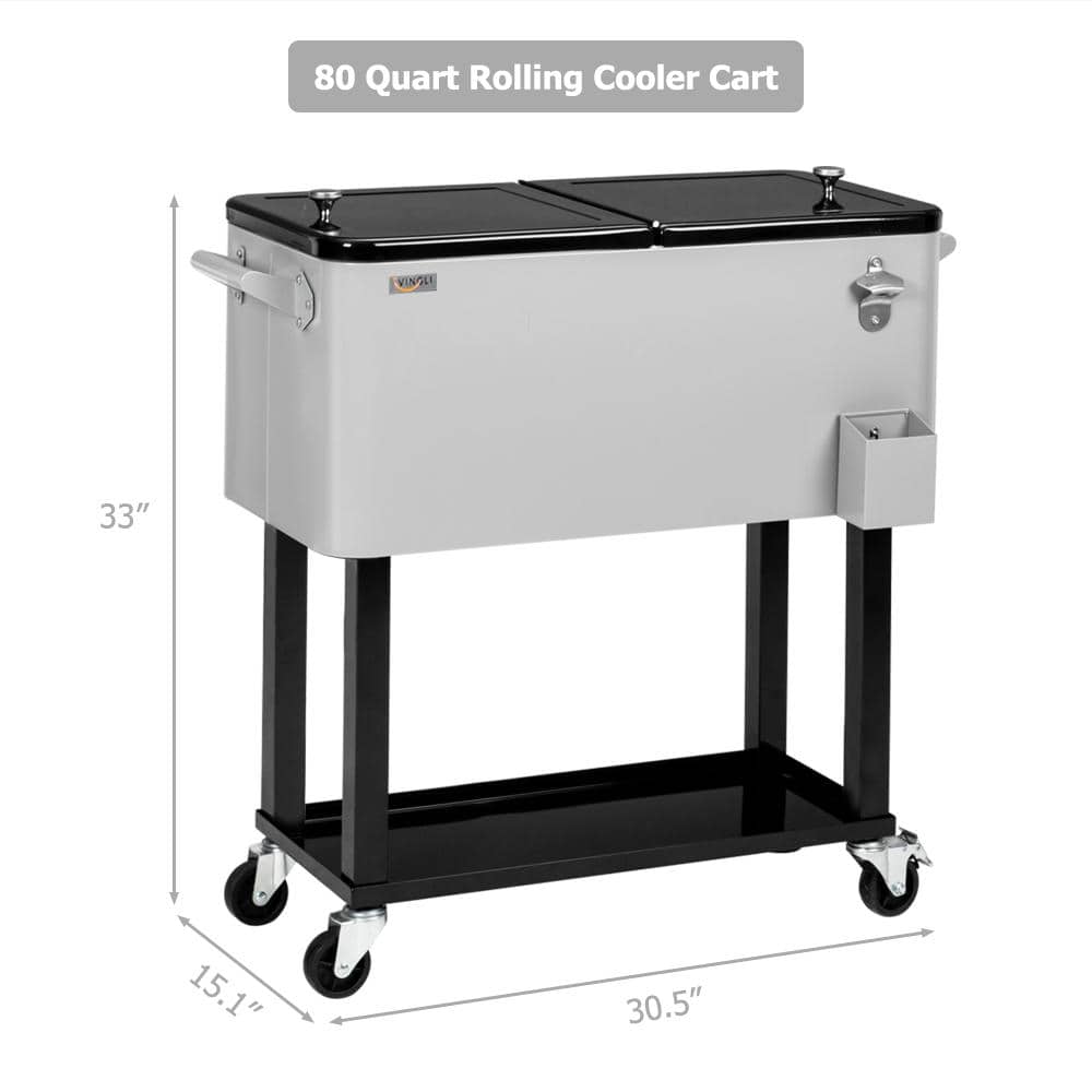 Gray 80QT Rolling Steel Cooler Cart with Wheels and Shelf
