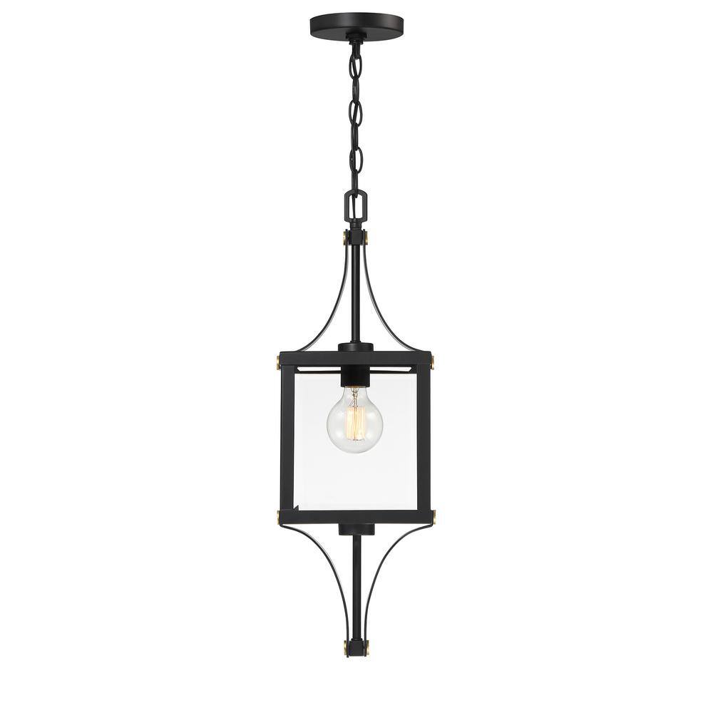 Raeburn Matte Black and Brass Outdoor Hanging Lantern with Clear Glass